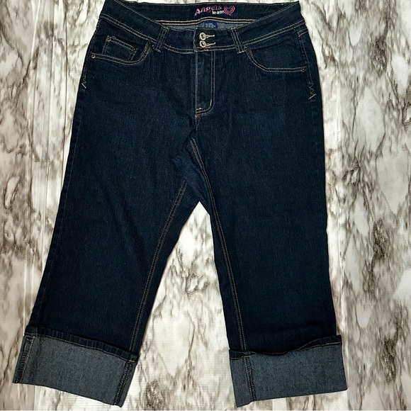 Angel Womens Sz 16 Dark Wash Flip Cuff Denim Blue Jean Capri Rockabilly Sock Hop - Picture 2 of 9